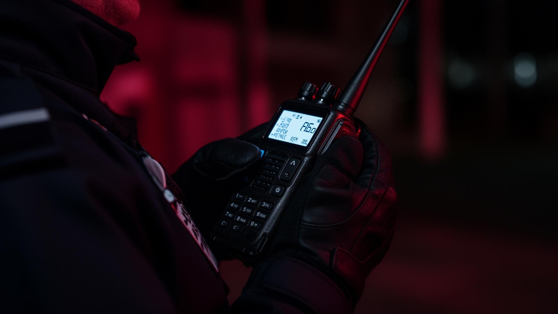 Security officer using a two-way radio at night